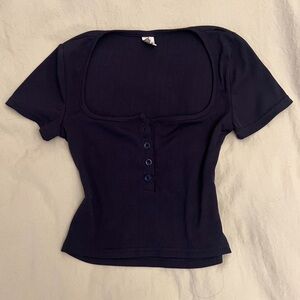 women’s navy button-up crop top